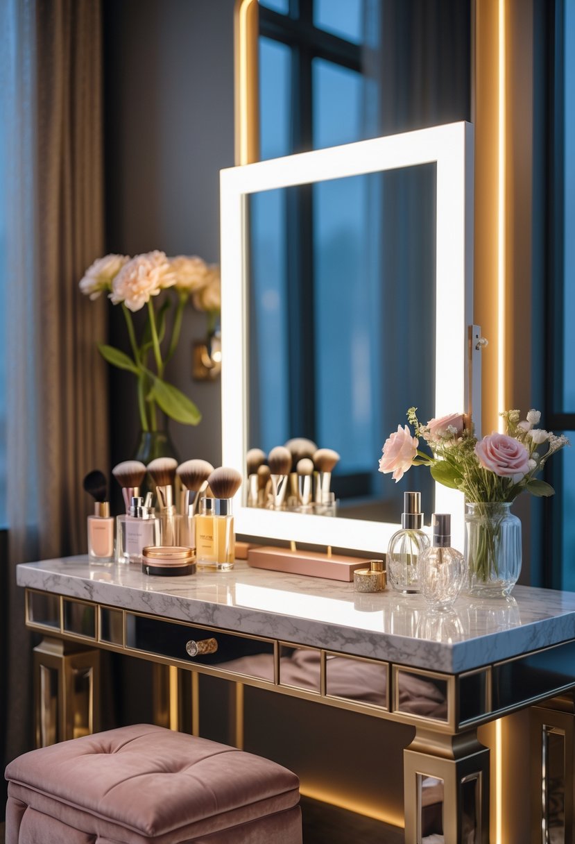 A makeup studio corner with a vanity table, illuminated mirror, makeup products, flowers, and a stool.