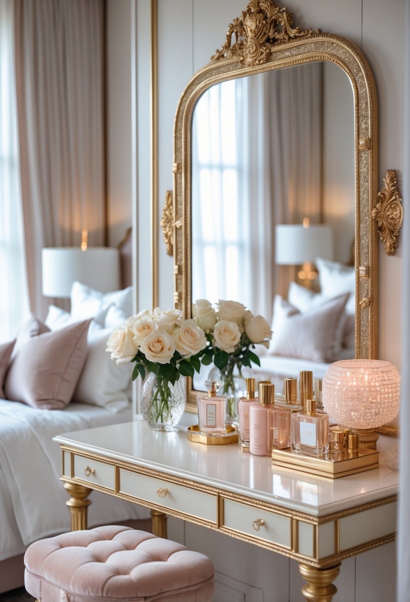 A bedroom vanity area with a large mirror, decorated with perfume bottles, flowers, and beauty products, next to a bed with pillows and soft lighting.