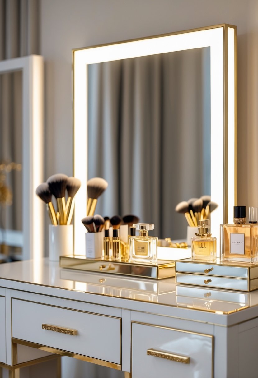 A white and gold makeup vanity with a mirror and neatly arranged makeup items on the table.