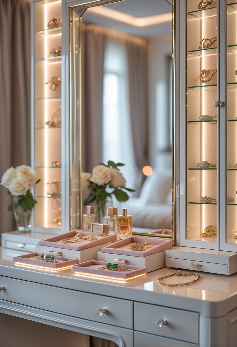 A luxury vanity with glass jewelry storage displaying organized necklaces, bracelets, rings, and earrings, with a mirror, perfume bottles, and flowers on the countertop in a bedroom setting.