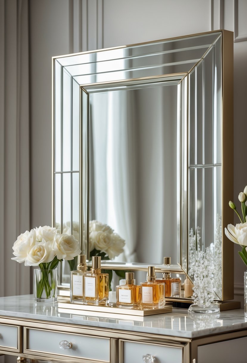 A luxurious dressing table with a large layered mirror, perfume bottles, jewelry holder, and a vase of white flowers.