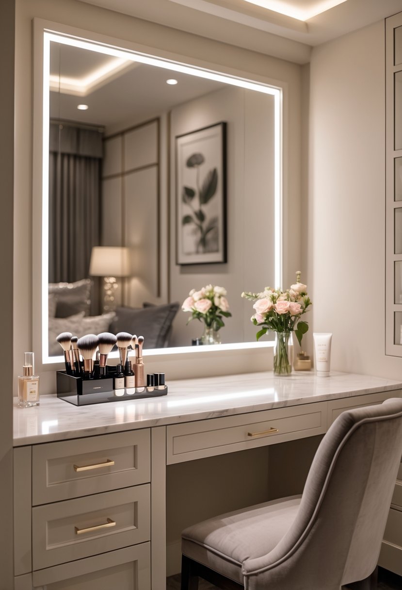 A built-in makeup table with a large mirror, makeup products, and a cushioned stool in a well-lit, elegant room.