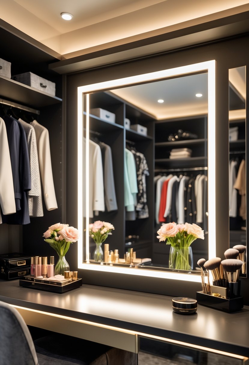 Makeup vanity with illuminated mirror and makeup products inside a master closet with organized shelves and clothing.