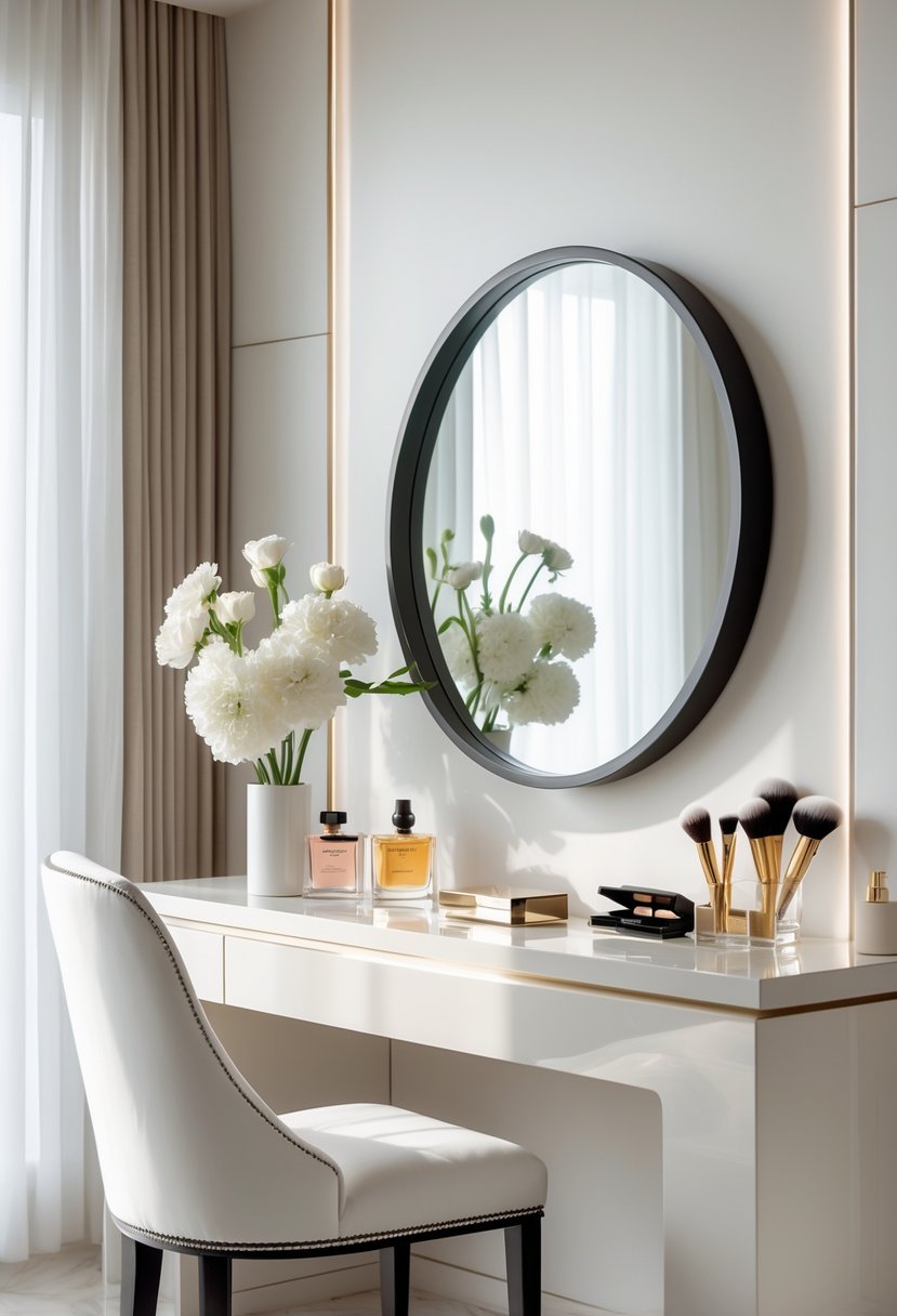A clean vanity table with a round mirror, perfume bottles, flowers, and makeup brushes arranged neatly.