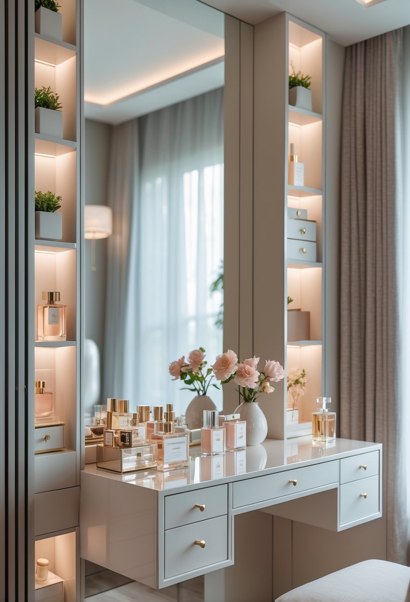 A luxury vanity table with a mirror and shelves on the side holding beauty products and decorative items in a softly lit room.