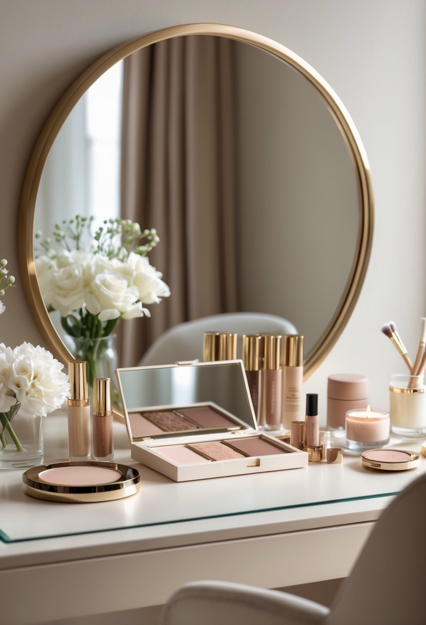 A neat makeup vanity with a round mirror, neutral-toned makeup products, a small vase of white flowers, and soft natural lighting.