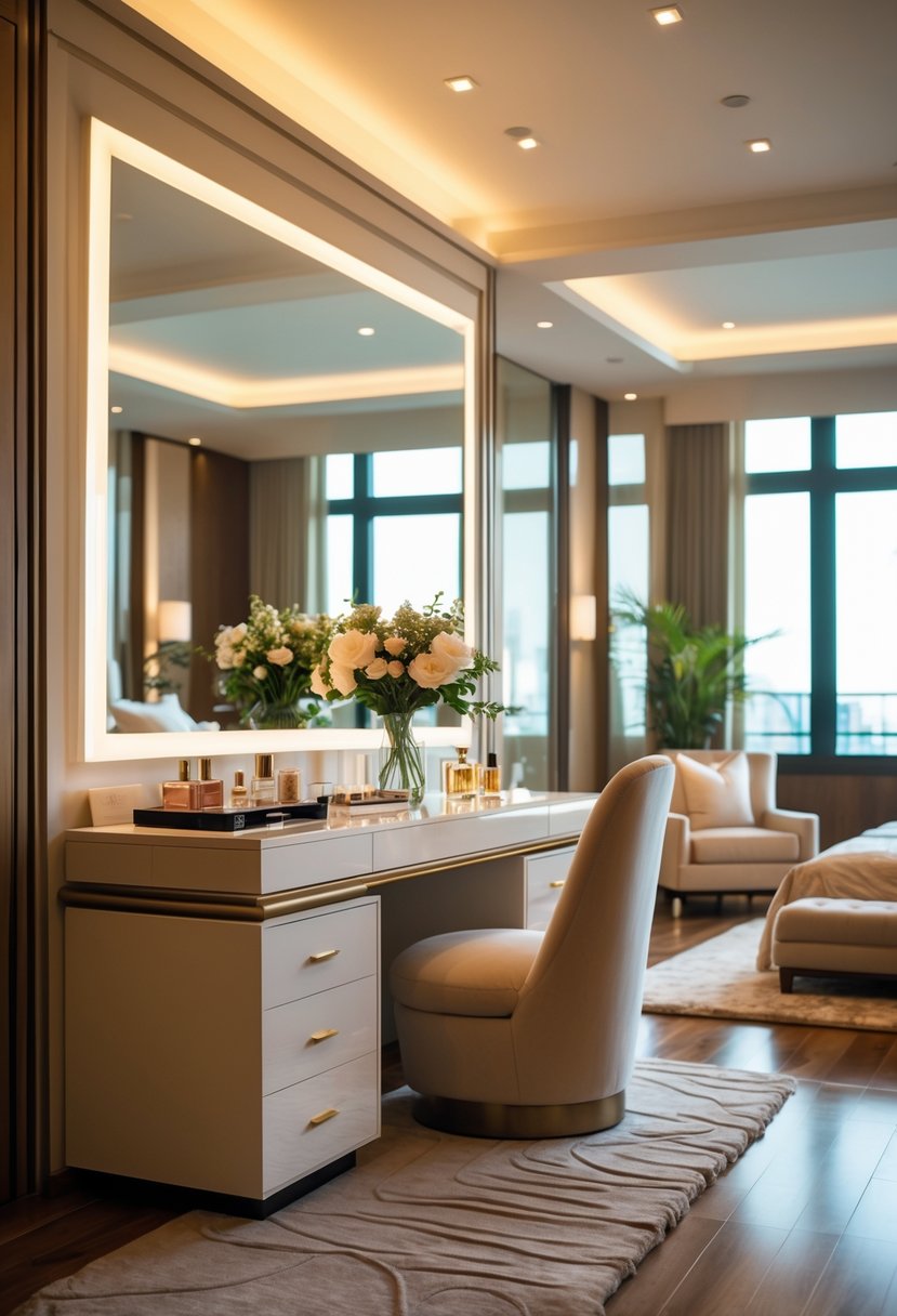 Spacious bedroom with a large luxury vanity featuring a wide mirror, decorative items, and natural light coming through windows.