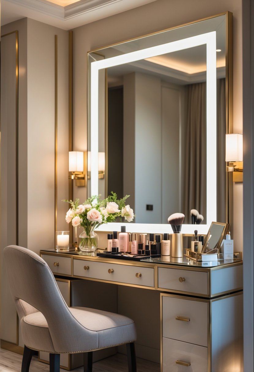 A master makeup vanity with a large mirror, makeup products, flowers, and a comfortable chair in a bedroom setting.