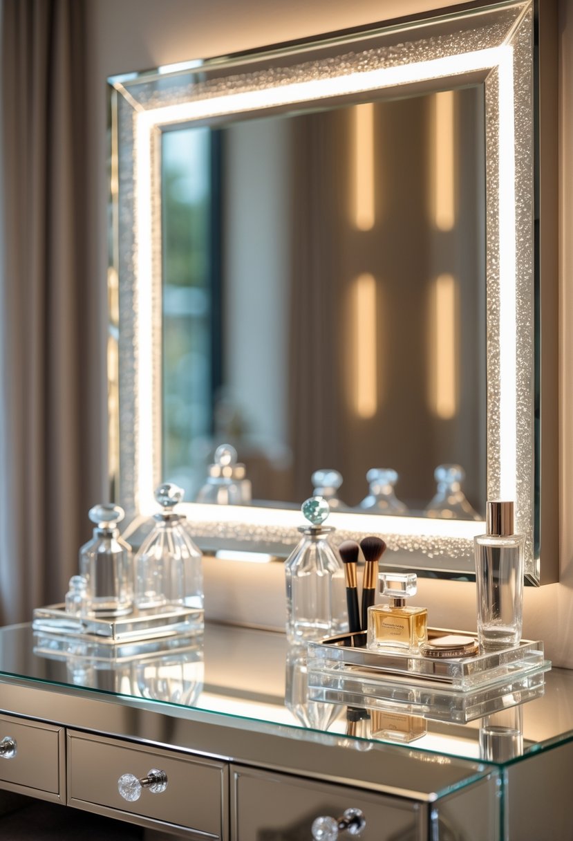 A luxury vanity table with glass containers, perfume bottles, and a large mirror reflecting soft light.