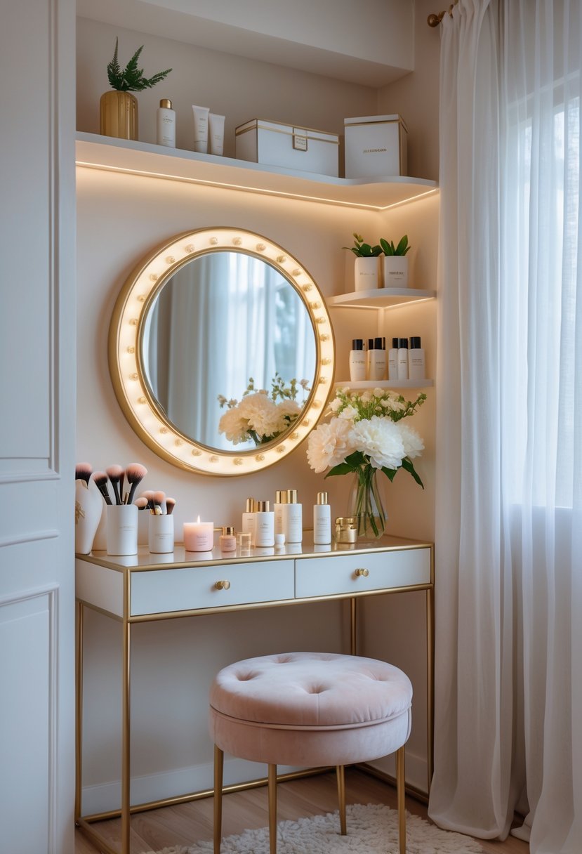 A small beauty room with a luxury vanity table, round mirror, skincare products, makeup brushes, flowers, and soft natural light.