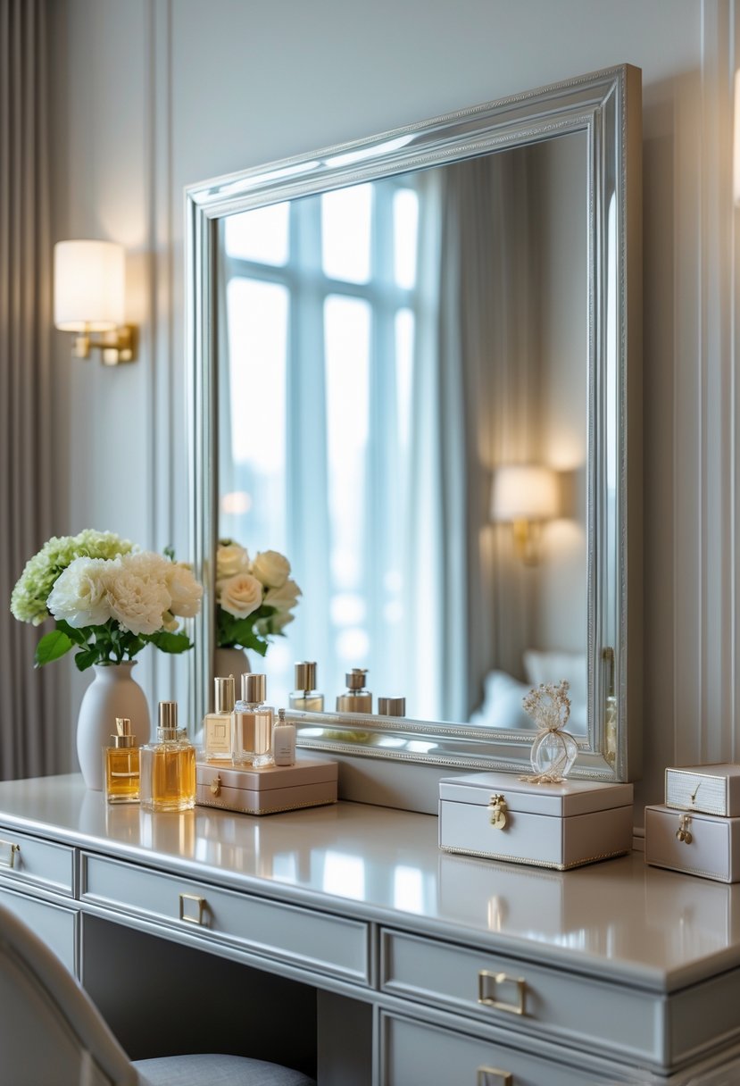 A luxury dressing table with a large mirror, drawers, and decorative items arranged on top in a modern interior setting.