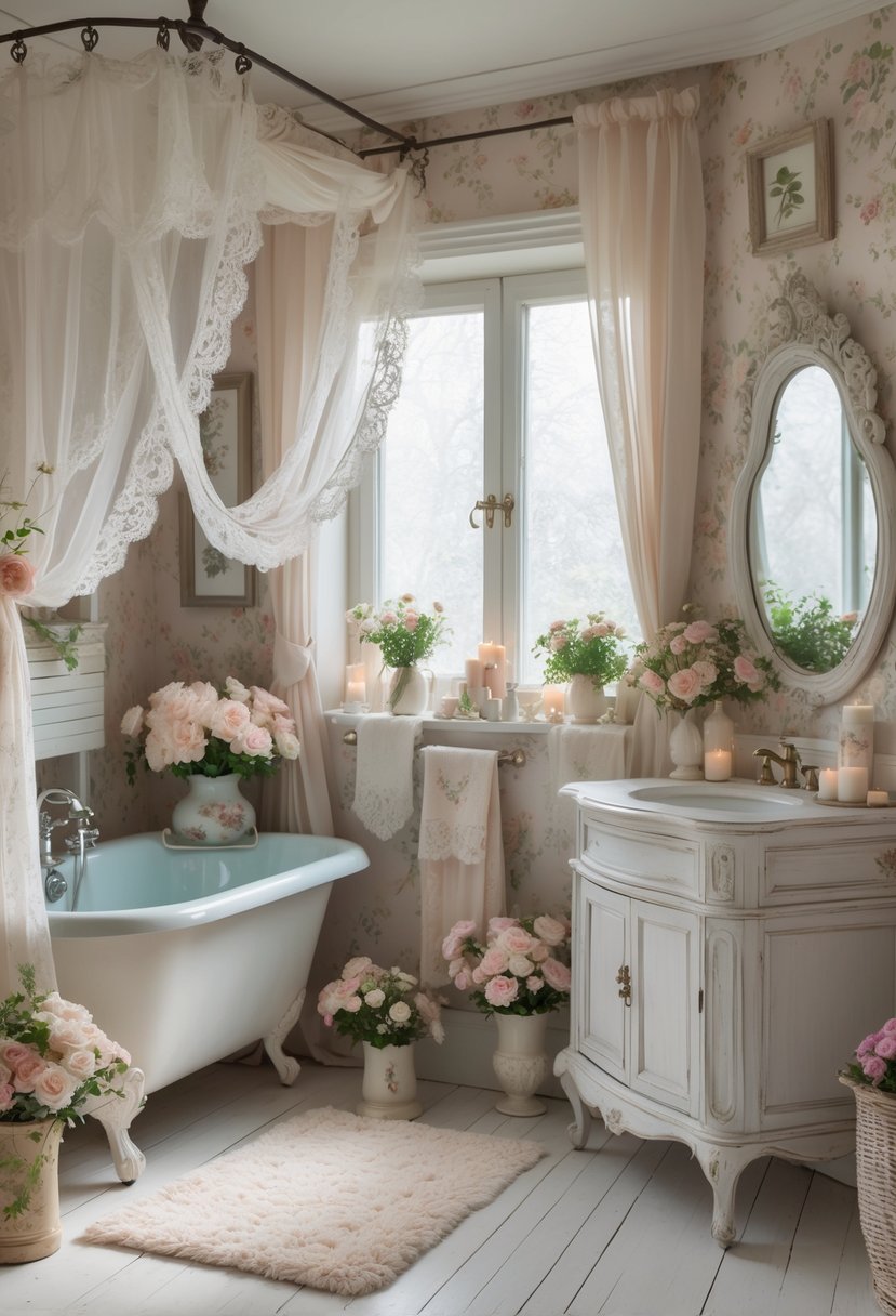 A bathroom with a clawfoot bathtub, lace curtains, fresh flowers, a wooden vanity with an ornate mirror, candles, plants, floral wallpaper, and soft natural light.