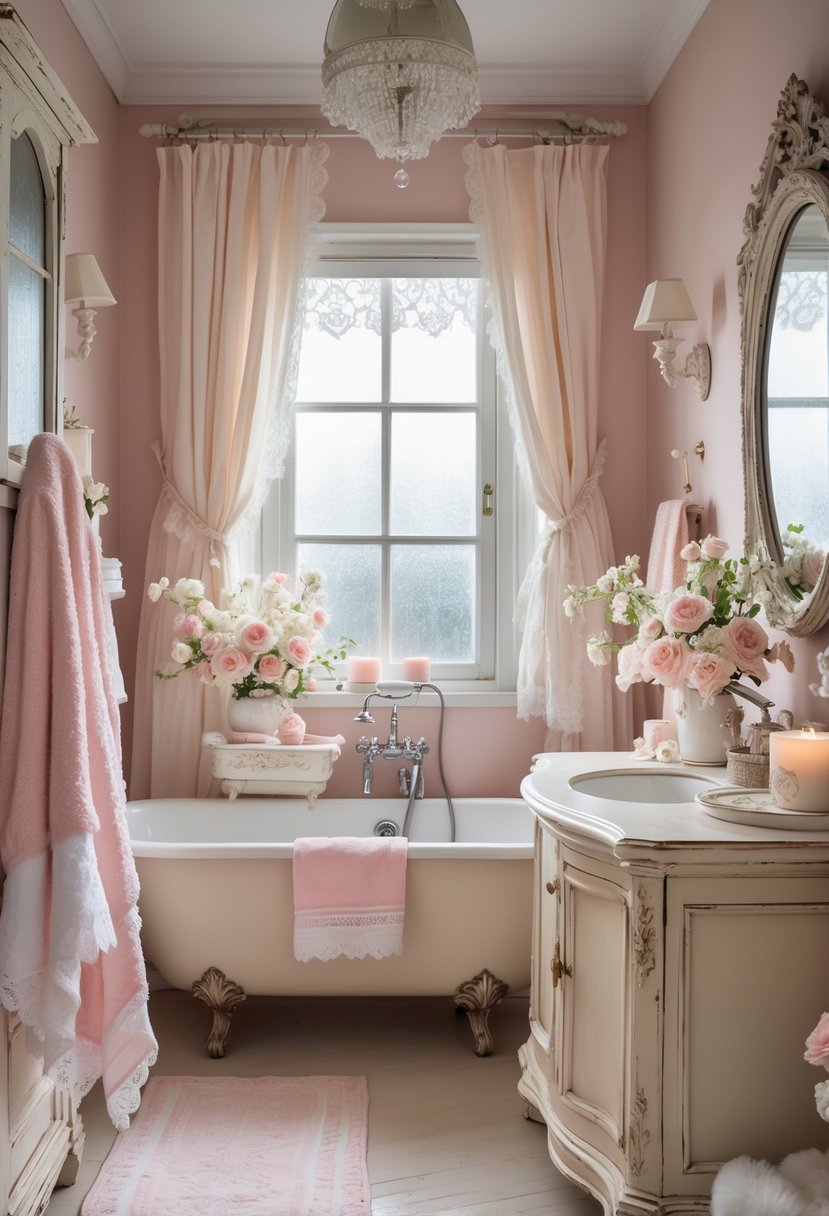A softly lit bathroom with a clawfoot bathtub, floral arrangements, and vintage-style decor in pink and cream tones.
