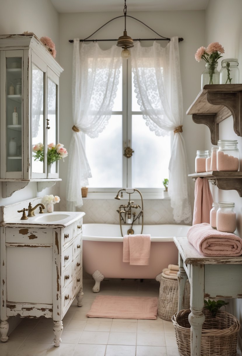 A cozy bathroom with a clawfoot bathtub, a wooden vanity, soft towels, fresh flowers, and natural light coming through a window.