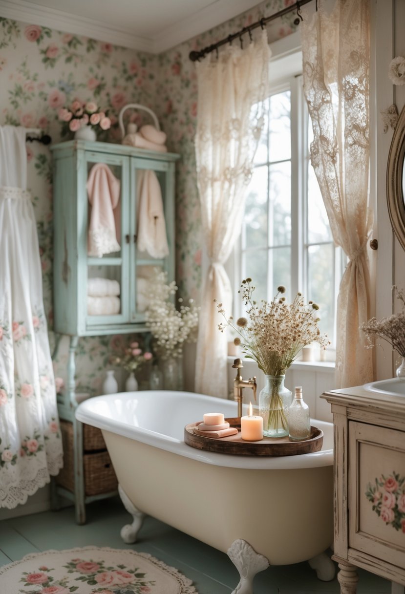 A bathroom with a clawfoot bathtub, floral wallpaper, lace curtains, a wooden vanity with a round mirror, and fresh flowers in a vase.