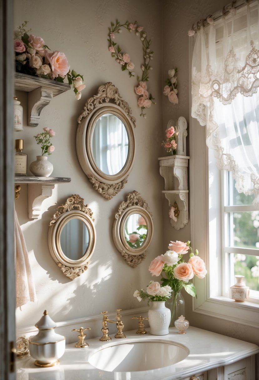 A bathroom with oval framed mirrors, vintage shelves, and floral decorations on the wall, illuminated by natural light.