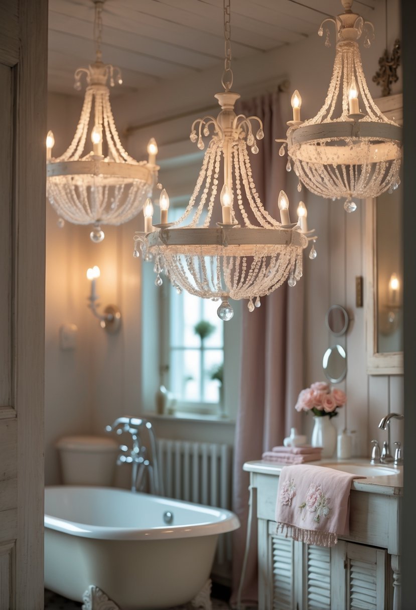 A softly lit bathroom with a clawfoot bathtub and vintage chandeliers hanging from the ceiling.