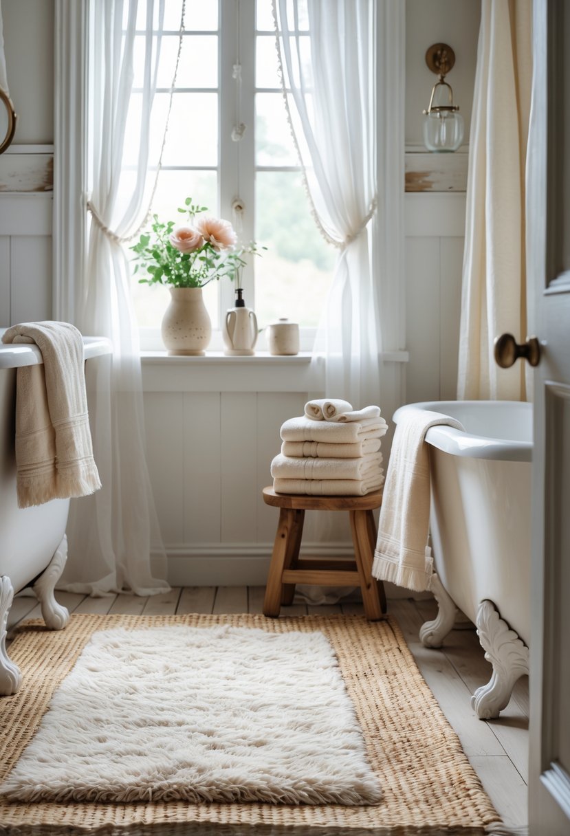 A bright bathroom with a clawfoot bathtub, layered rugs on the wooden floor, folded towels on a stool, and fresh flowers in a vase.