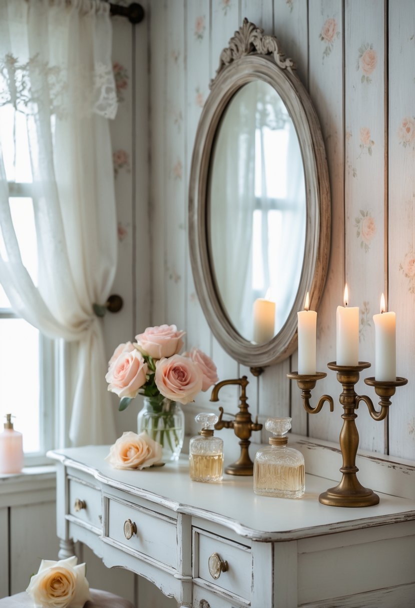 A bathroom vanity with a wooden table, an oval mirror, flowers in a vase, perfume bottles, and lit candles near a window with sheer curtains.