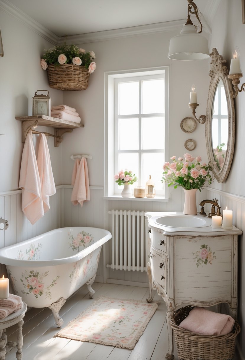 A bright bathroom with a clawfoot bathtub, wooden furniture, fresh flowers, and soft pastel decor.