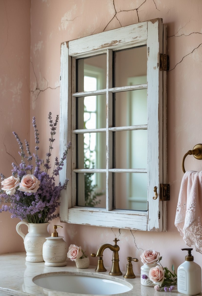 A softly lit bathroom with a vintage wooden window frame on the wall, floral decorations, and a countertop with antique faucets and white towels.