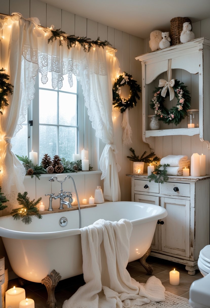 A bright bathroom with a clawfoot bathtub, decorated with holiday greenery, candles, and rustic wooden accents.
