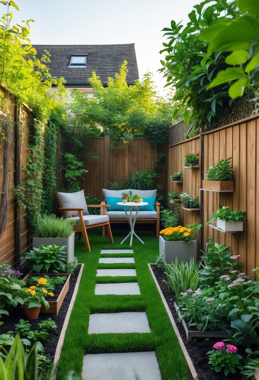 A small backyard with a cozy seating area, green plants, colorful flowers, a trimmed lawn, and a wooden fence with climbing vines.