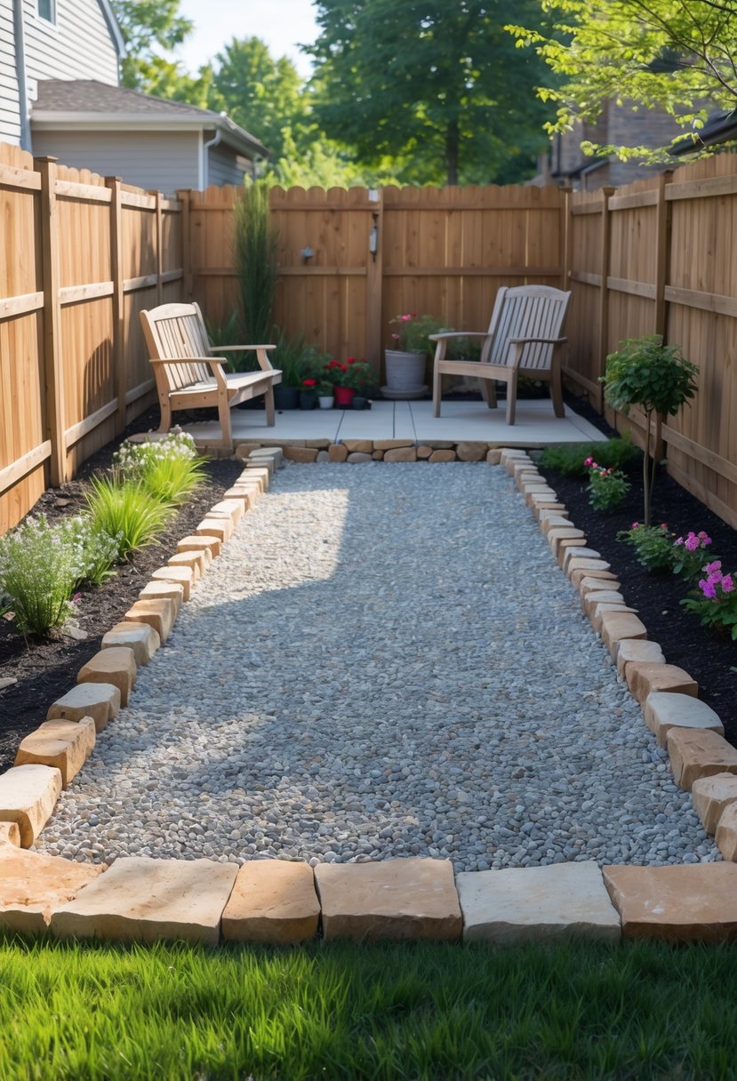 Small backyard with a gravel patio, wooden bench, green grass, flower beds, and a wooden fence.