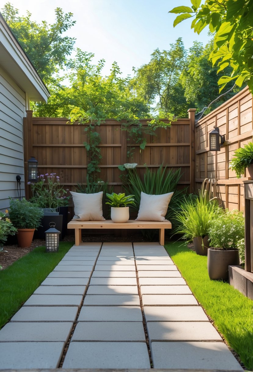 Small backyard with stone paver patio and simple wooden bench seating surrounded by green plants and a wooden fence.