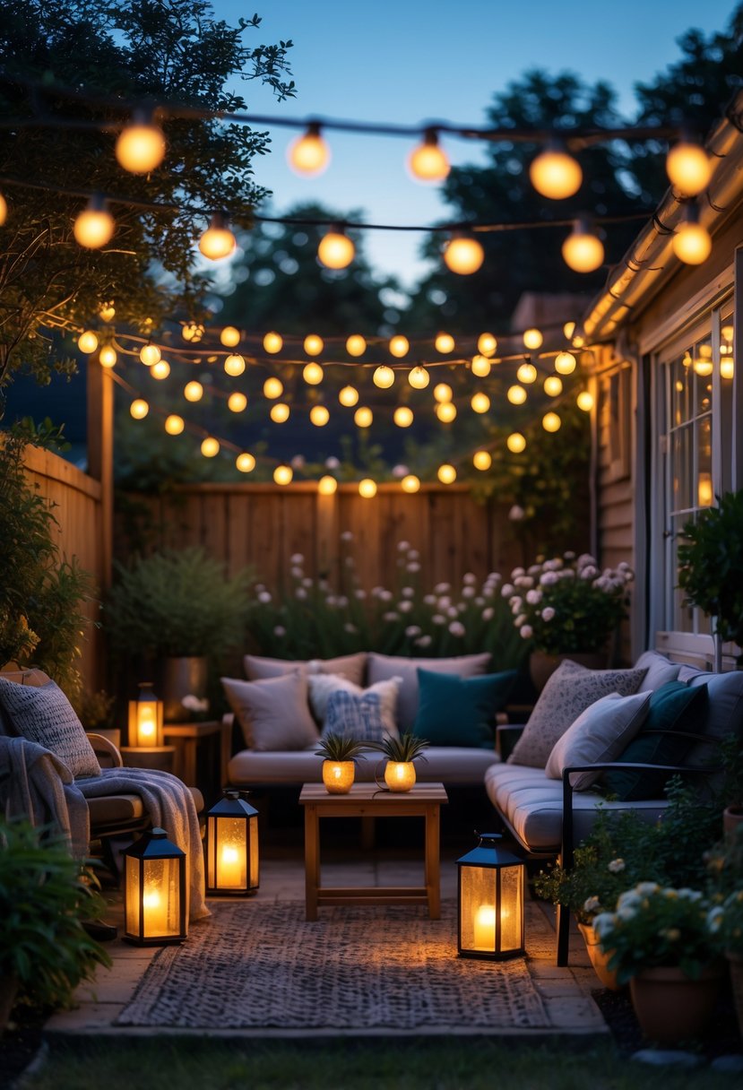 A small backyard at dusk with string lights hanging overhead and solar lanterns glowing among plants and outdoor seating.