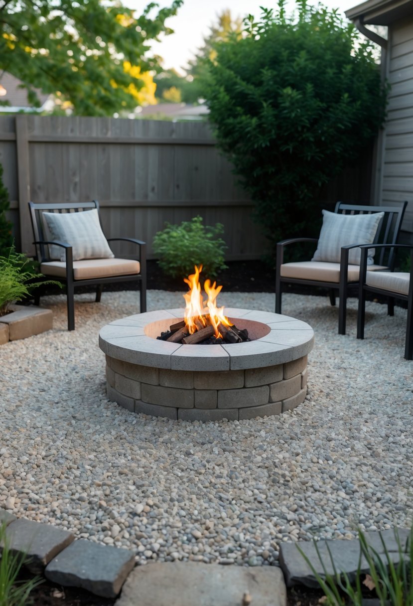Small backyard with a stone fire pit surrounded by gravel and outdoor seating.