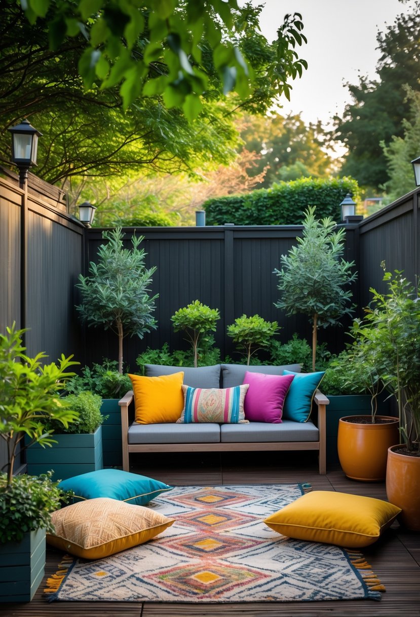 Small backyard with outdoor rugs, floor cushions, plants, and a wooden deck seating area.