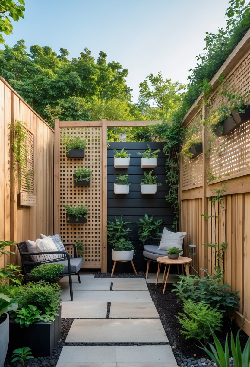 Small backyard with wooden fence and DIY privacy screens made of lattice panels and vertical planters, featuring green plants and a cozy seating area.