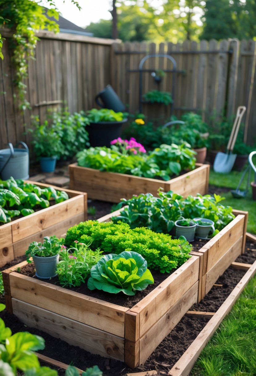 Small backyard garden with raised beds made from scrap wood filled with vegetables and flowers.