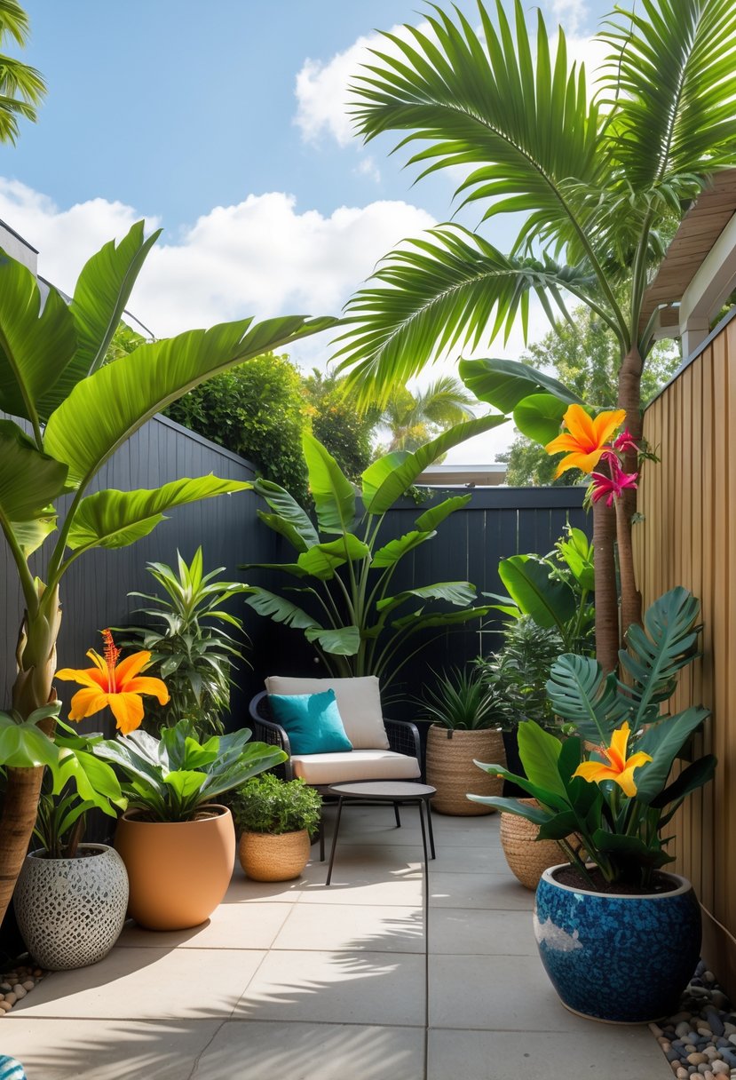 Small tropical backyard with various container plants and outdoor seating under natural sunlight.