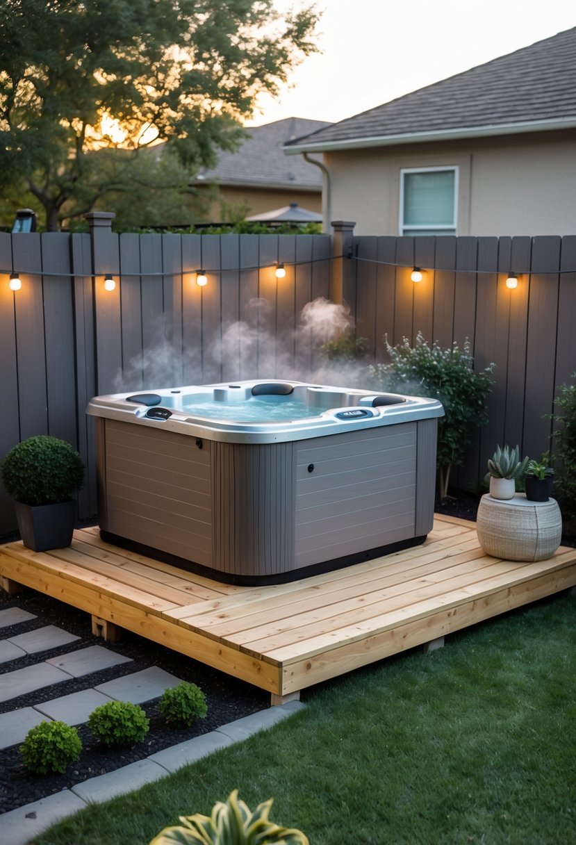 Small backyard with a wooden deck platform holding a cozy hot tub surrounded by plants and outdoor furniture.