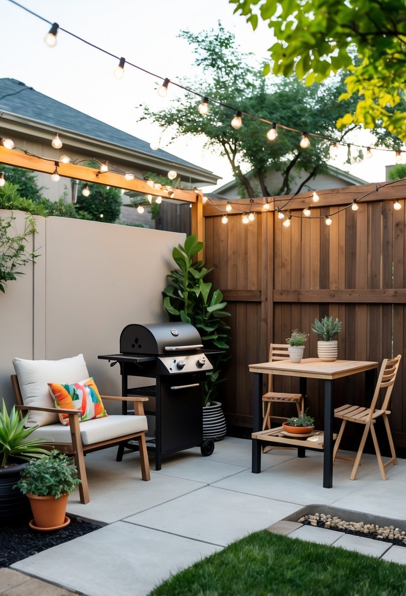 Small backyard patio with a charcoal grill, wooden table, chairs, string lights, potted plants, and a wooden fence.
