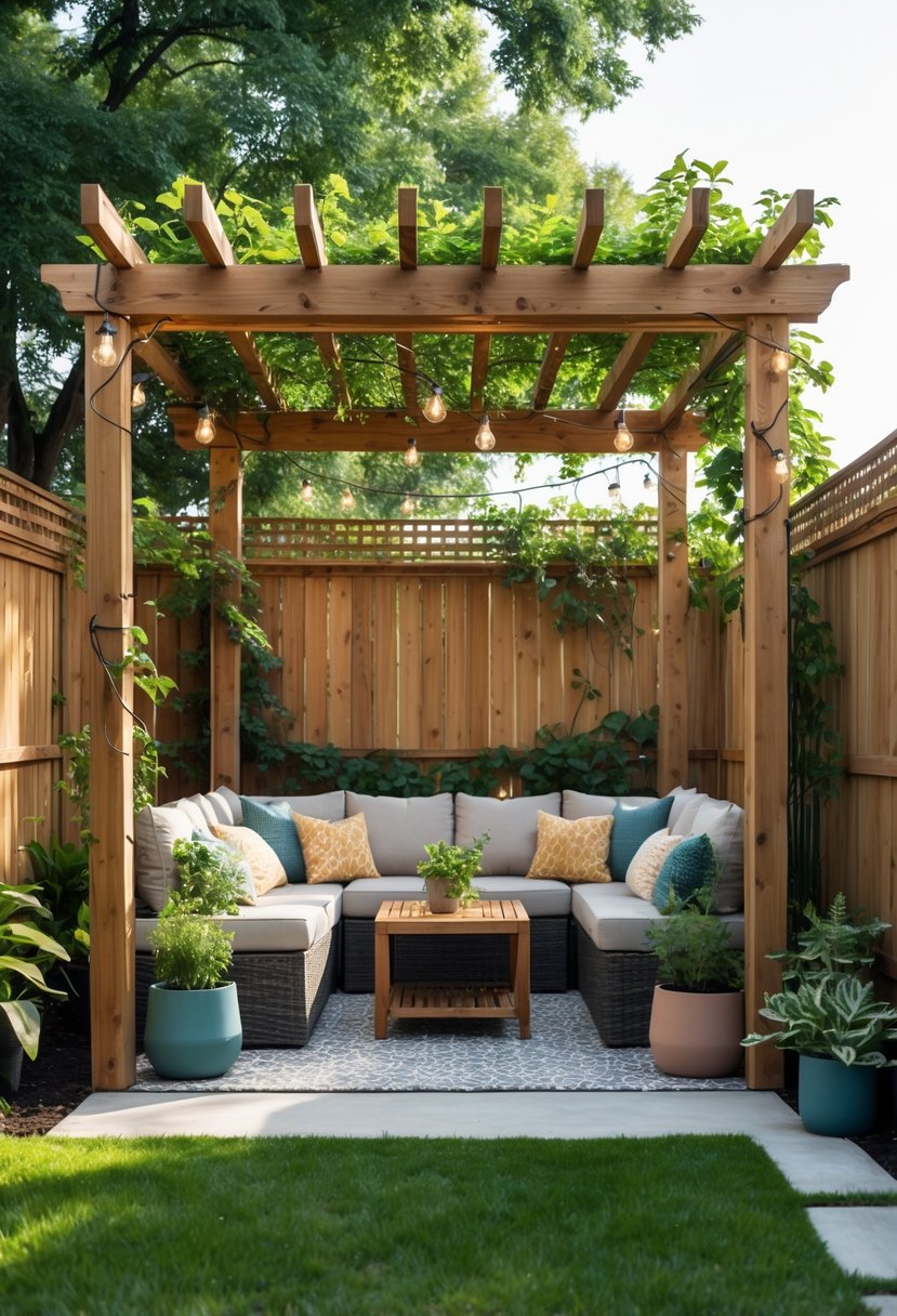 Small backyard with a wooden pergola covered in vines, outdoor seating, and plants.