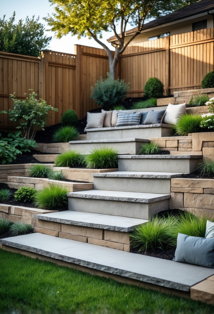 Small backyard with sloped terrain and tiered seating areas surrounded by plants and trees.