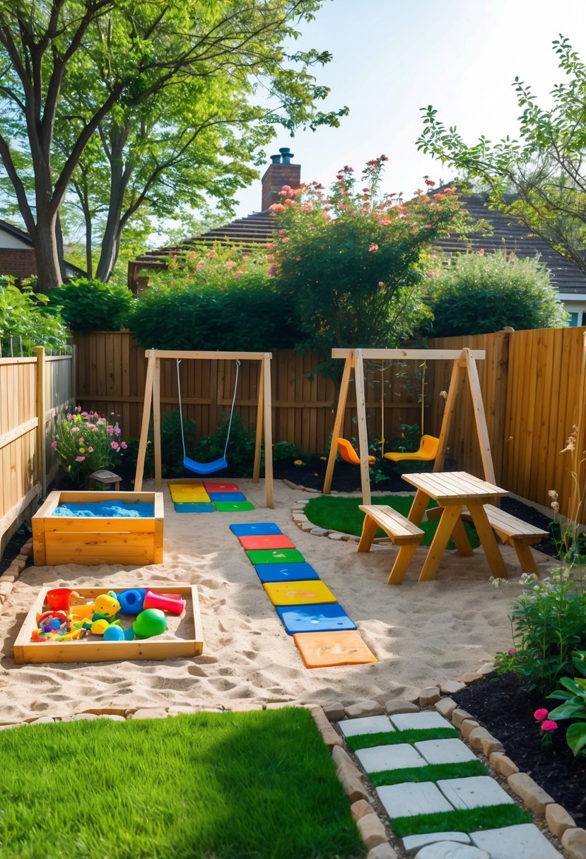 A small backyard playground with a sandbox, swing set, climbing structure, and a picnic table surrounded by grass and plants.