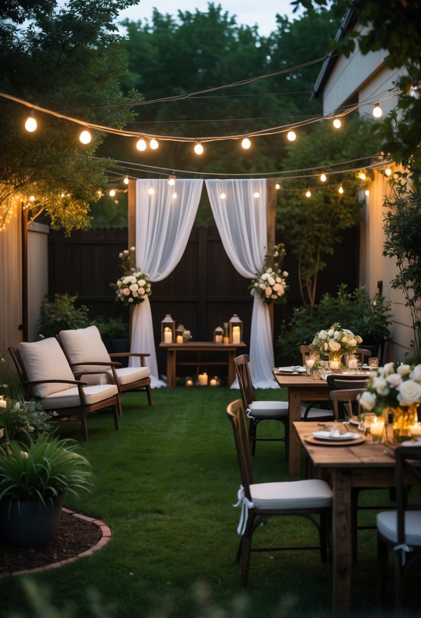 A small backyard decorated for a wedding or anniversary party with string lights, floral archway, wooden tables, and garden plants.