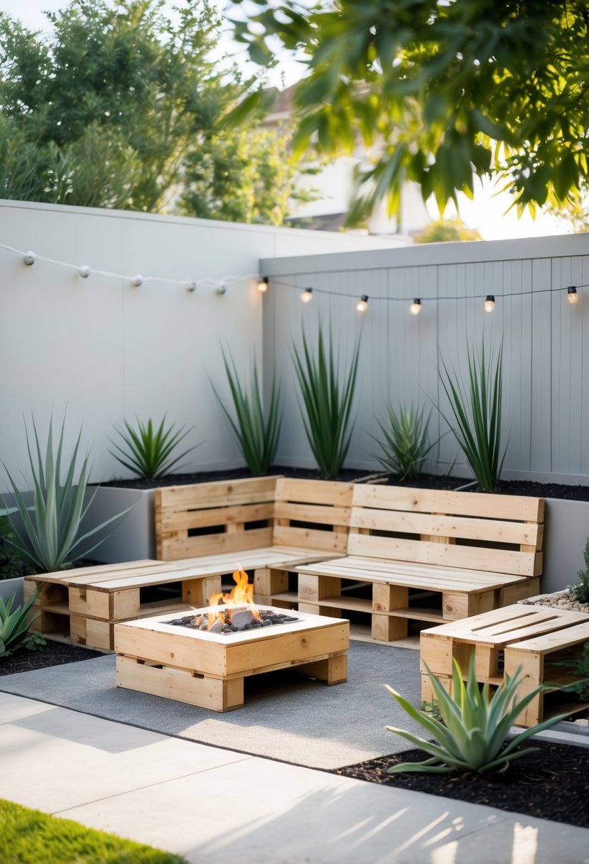 A small backyard with simple plants and wooden DIY seating around a fire pit.