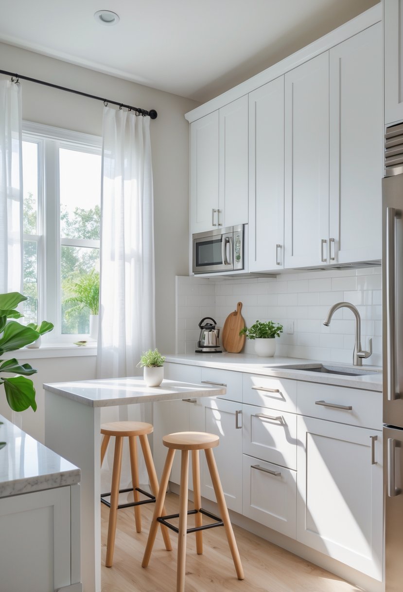 A small remodeled kitchen with white cabinets, stainless steel appliances, a small island with stools, and natural light coming through a window.