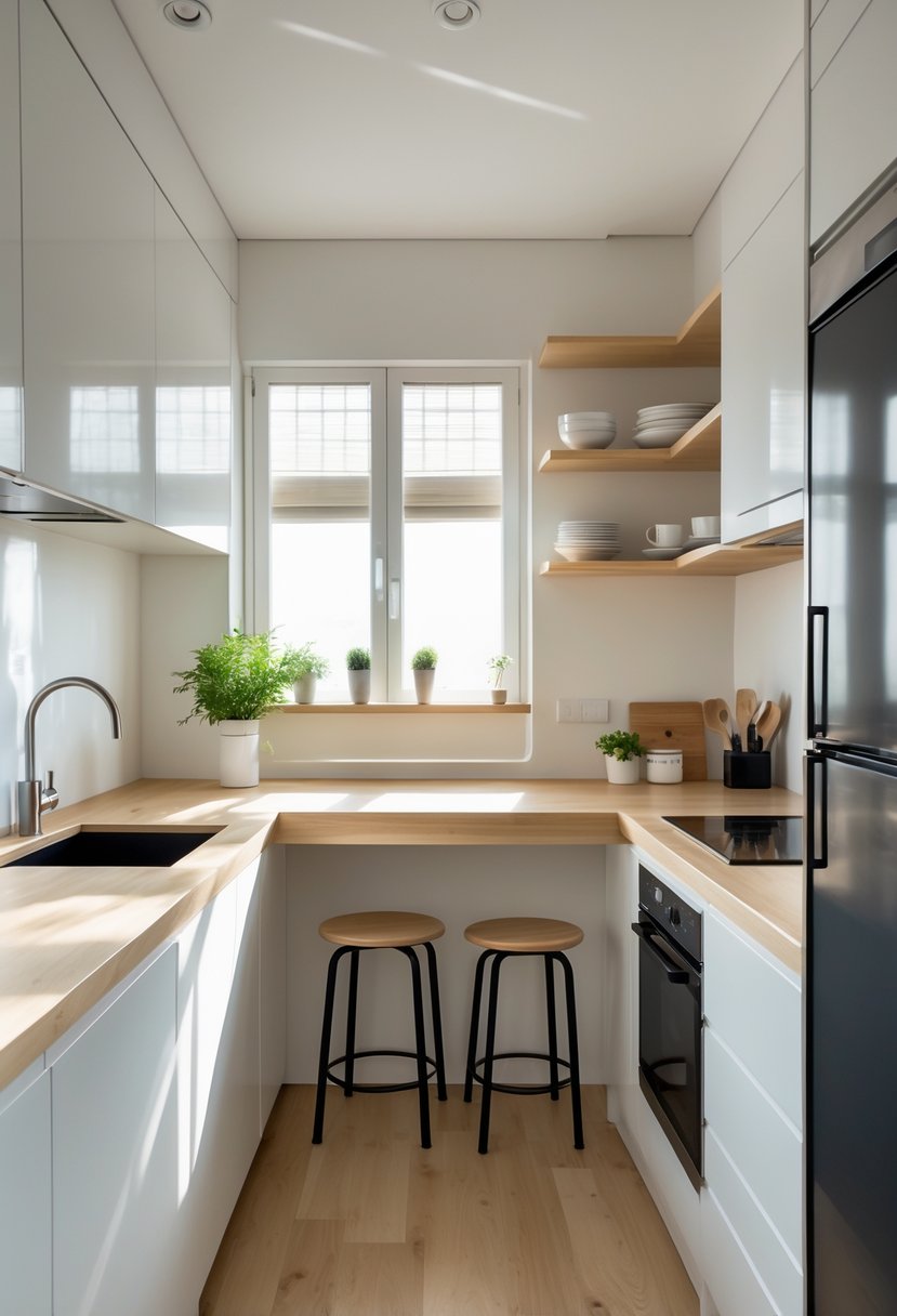 A small, modern kitchen with white cabinets, wooden countertops, a window above the sink, open shelving, and a kitchen island with two stools.
