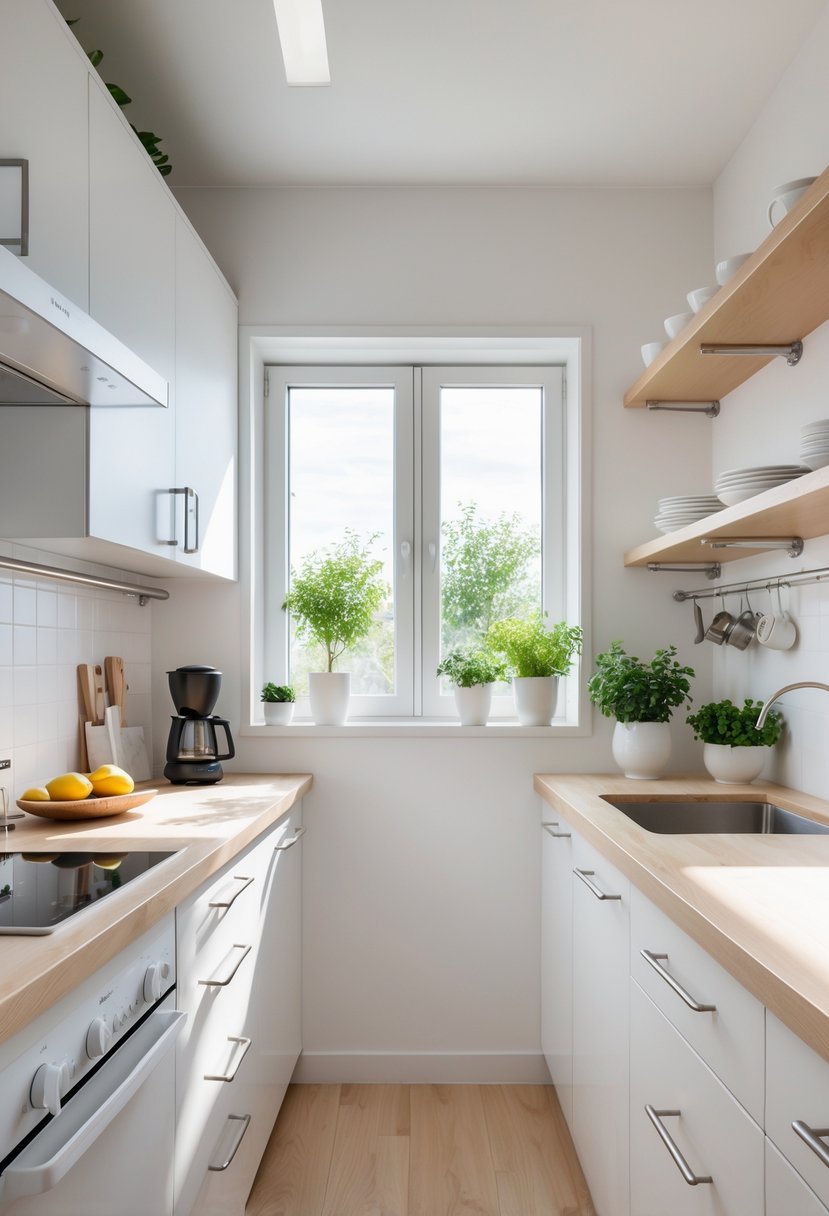 A small modern kitchen with white cabinets, wooden countertop, open shelves, and natural light coming through a window.