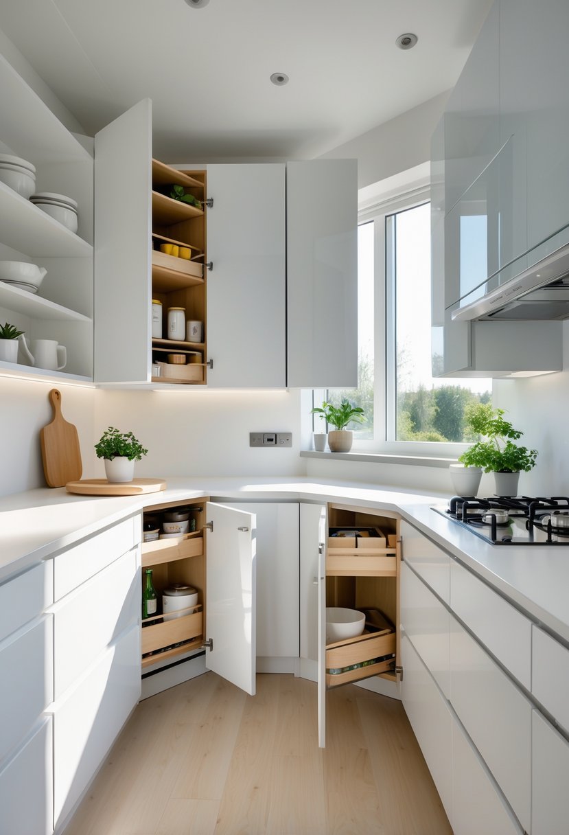 A small modern kitchen with white cupboards open to show organized storage solutions and a clear countertop with a plant and cutting board.