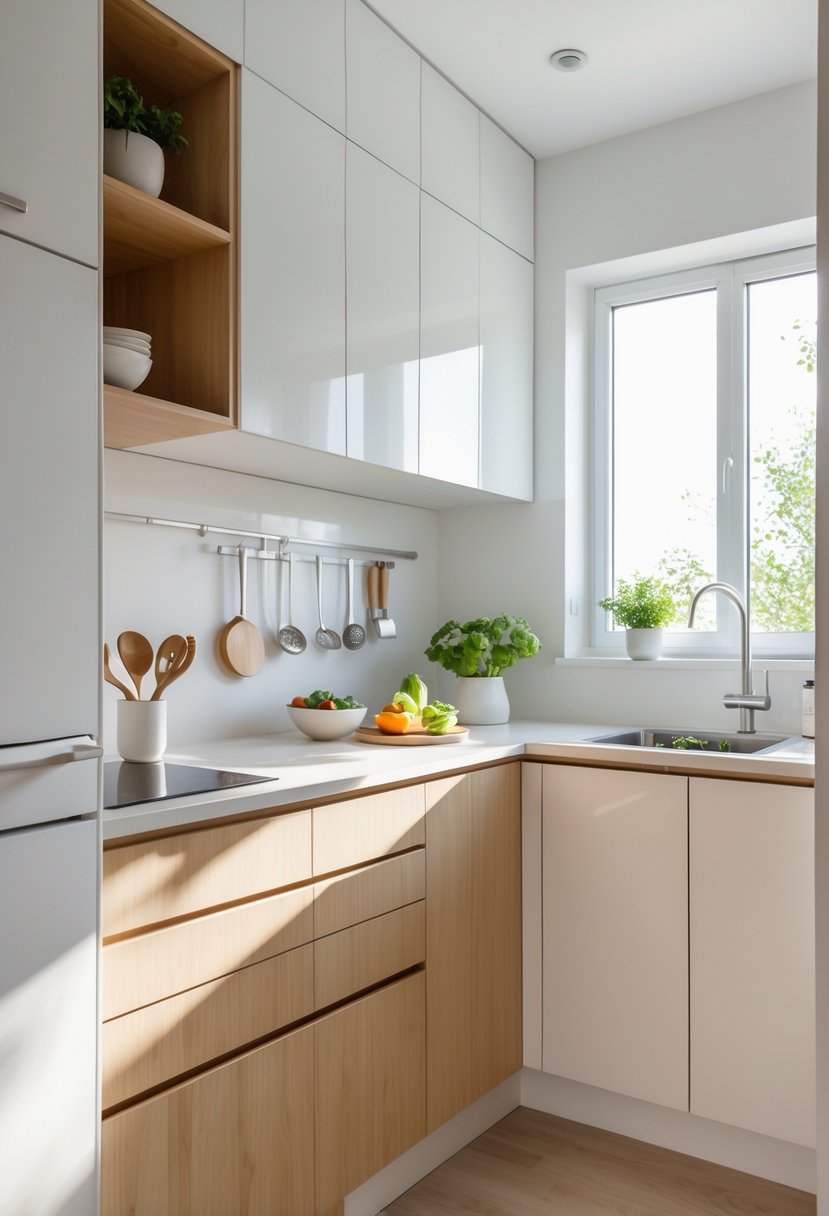 A small modern kitchen with light wood and white cabinets, a clean countertop with a plant and vegetables, and natural light coming through a window.