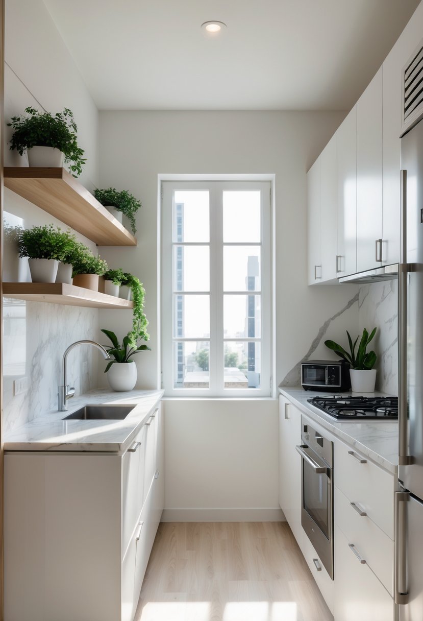 A small kitchen with white cabinets, marble countertop, stainless steel appliances, potted plants, and natural light from a window.