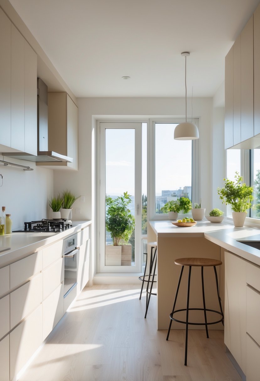 A small kitchen with light cabinets, a compact island, and large windows letting in natural light.