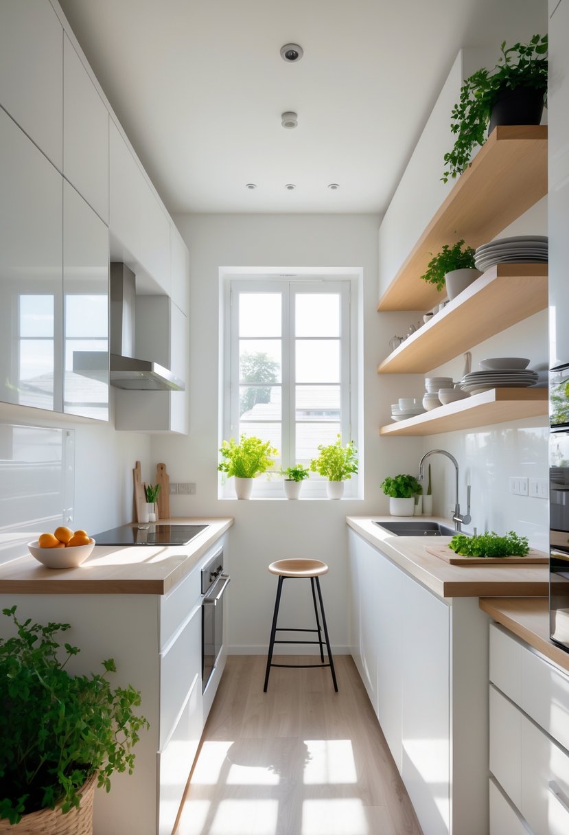 A small open kitchen with white cabinets, a compact island with stools, stainless steel appliances, and natural light coming through a window.